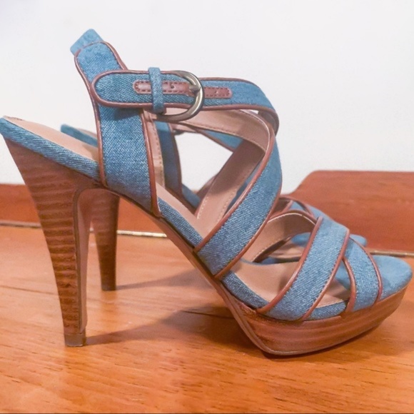Kelly & Katie Shoes - Kelly & Katie Denim Heeled Sandals with Leather